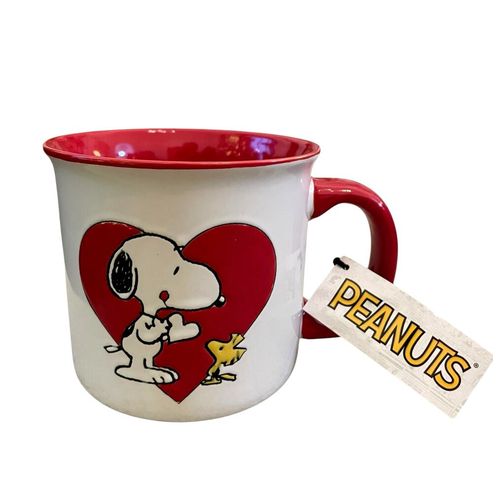 Peanuts Snoopy & Woodstock Valentine's Day Ceramic Mug 21 oz Red Heart New